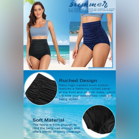 Vintage Style Super High Waisted, Shirred Bikini Bottom with Tummy Control - Picture 7 of 8
